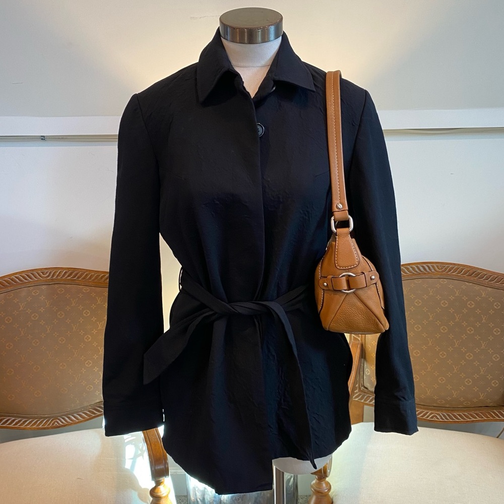 Piazza Sempione Black Wool Trench Coat w Belted Waist, Size Small, Made in Italy